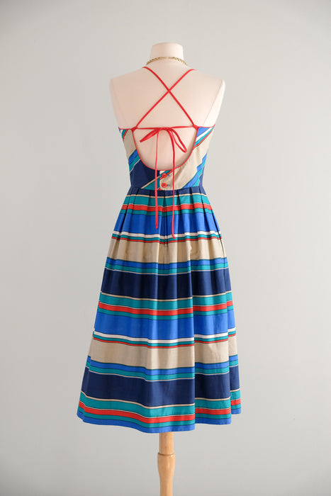 Vintage 1980s Nautical Striped Dress with Open Back by Lanz / S