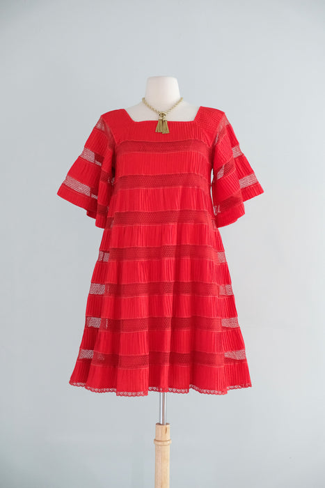Vintage 1960's Red Hot Pintuck Tent Dress by Tachi Castillo / SM