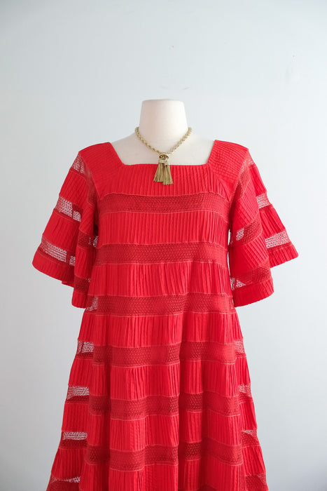 Vintage 1960's Red Hot Pintuck Tent Dress by Tachi Castillo / SM