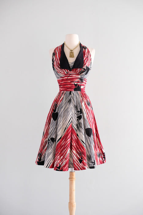 Vintage 1950's Red & Black Kamehameha Hawaiian Halter Dress / S