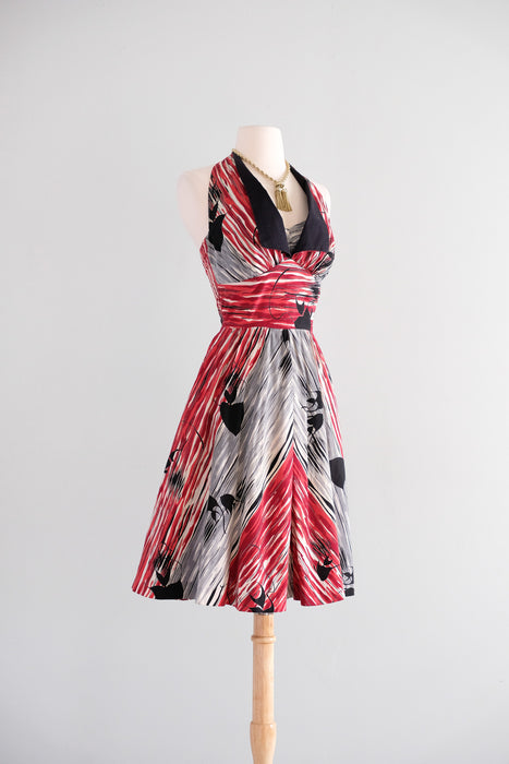 Vintage 1950's Red & Black Kamehameha Hawaiian Halter Dress / S
