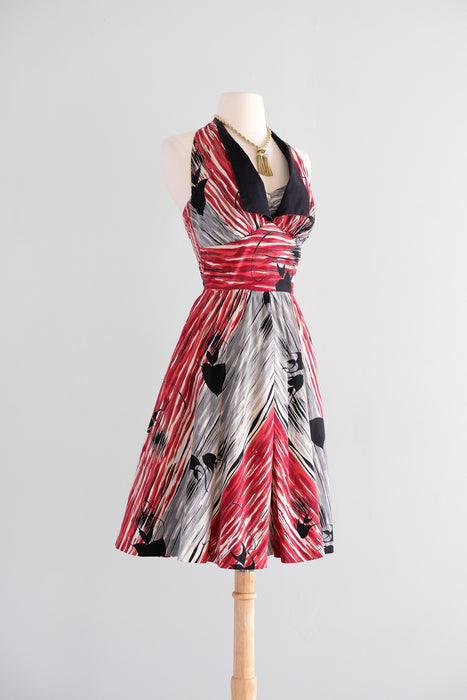 Vintage 1950's Red & Black Kamehameha Hawaiian Halter Dress / S