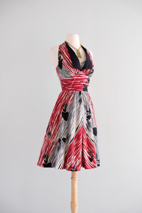 Vintage 1950's Red & Black Kamehameha Hawaiian Halter Dress / S