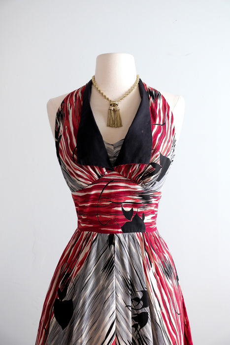Vintage 1950's Red & Black Kamehameha Hawaiian Halter Dress / S