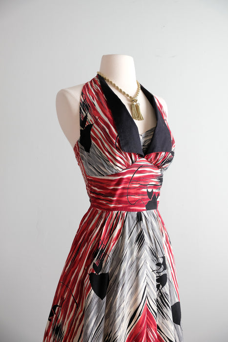 Vintage 1950's Red & Black Kamehameha Hawaiian Halter Dress / S