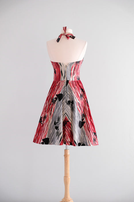 Vintage 1950's Red & Black Kamehameha Hawaiian Halter Dress / S