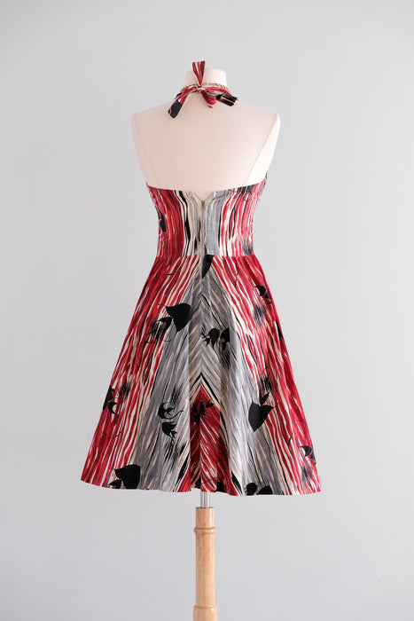 Vintage 1950's Red & Black Kamehameha Hawaiian Halter Dress / S