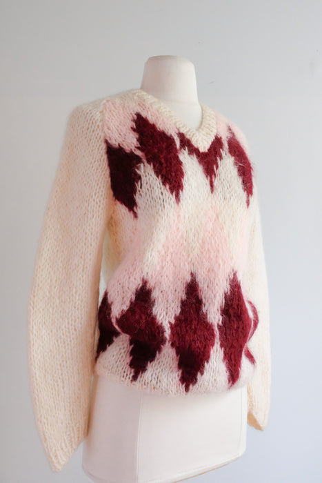 Preppy in Pink & Maroon Mohair 1960’s Made in Italy Argyle Sweater/ Sz S