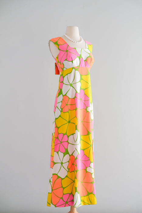 Vintage 1960's Spring Fling 🌺 Pink Floral Hawaiian Gown Aikane / XS