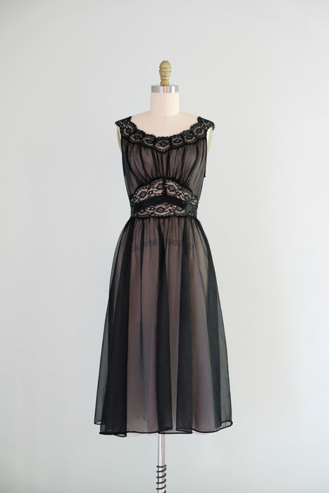 Vintage 1950's Illusion Black Nylon Lace Night Dress by Vanity Fair  / S