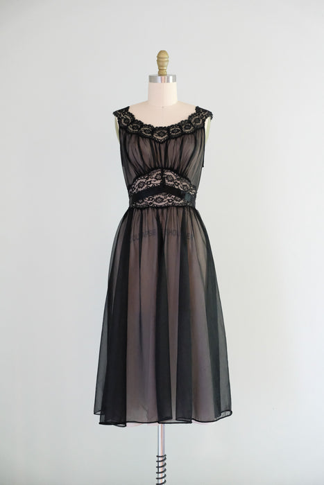 Vintage 1950's Illusion Black Nylon Lace Night Dress by Vanity Fair  / S