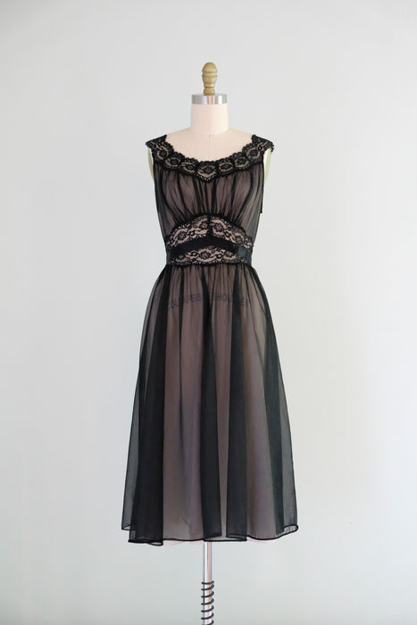 Vintage 1950's Illusion Black Nylon Lace Night Dress by Vanity Fair  / S
