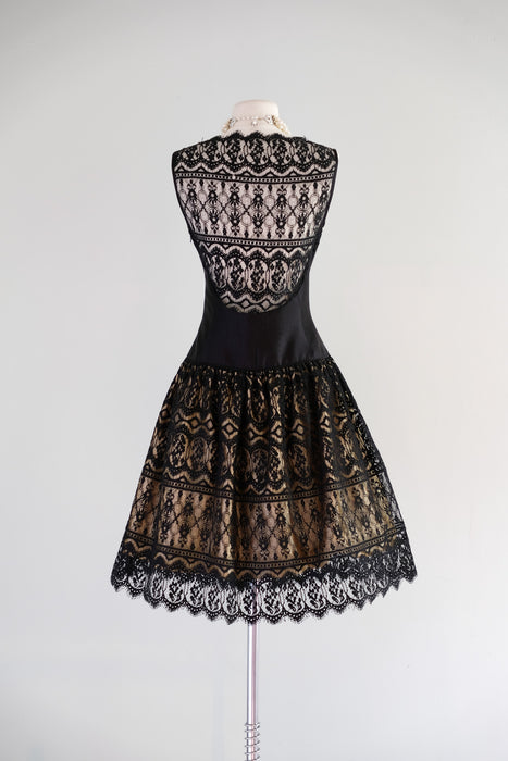 Stunning 1980's Couture Spanish Lace Black Cocktail Dress by Chris Kole / Sz M
