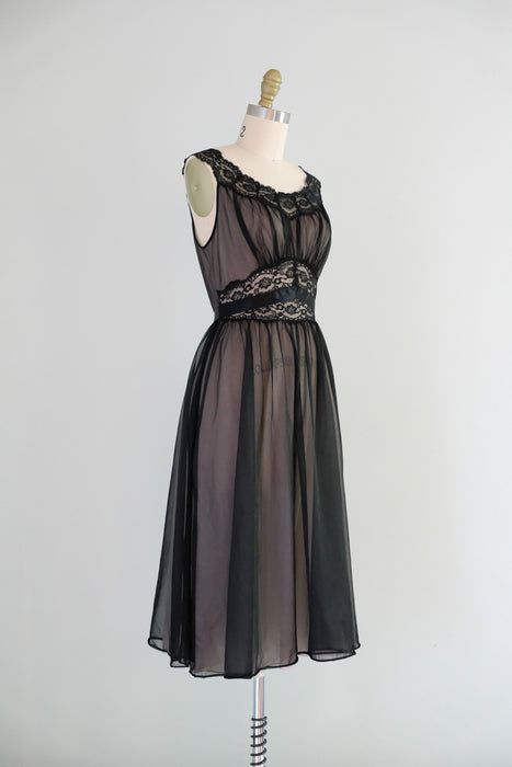 Vintage 1950's Illusion Black Nylon Lace Night Dress by Vanity Fair  / S