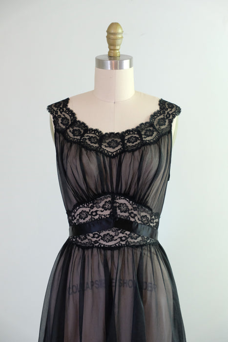 Vintage 1950's Illusion Black Nylon Lace Night Dress by Vanity Fair  / S
