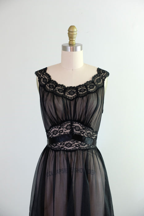 Vintage 1950's Illusion Black Nylon Lace Night Dress by Vanity Fair  / S