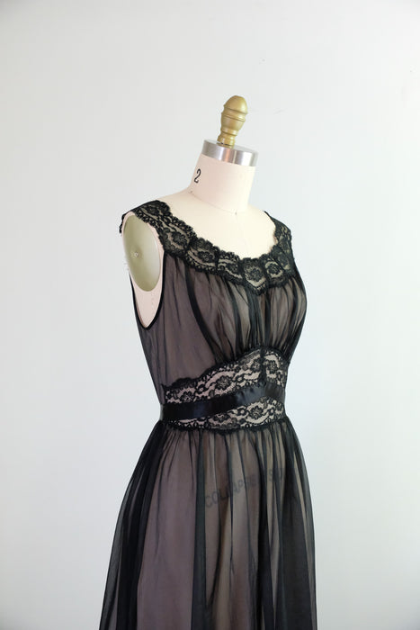 Vintage 1950's Illusion Black Nylon Lace Night Dress by Vanity Fair  / S