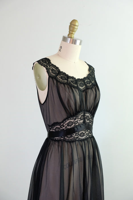 Vintage 1950's Illusion Black Nylon Lace Night Dress by Vanity Fair  / S