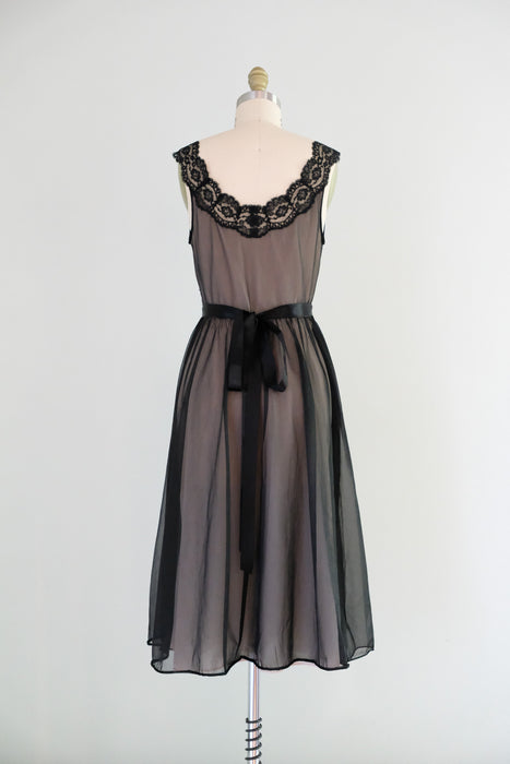 Vintage 1950's Illusion Black Nylon Lace Night Dress by Vanity Fair  / S