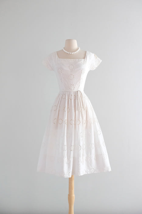 Vintage 1950's Summer White Eyelet Cotton Dress / XS
