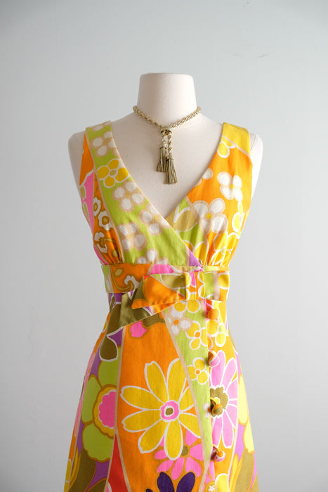 Vintage 1960's Flower Power NEON Hawaiian Dress by Tori Richards / SM