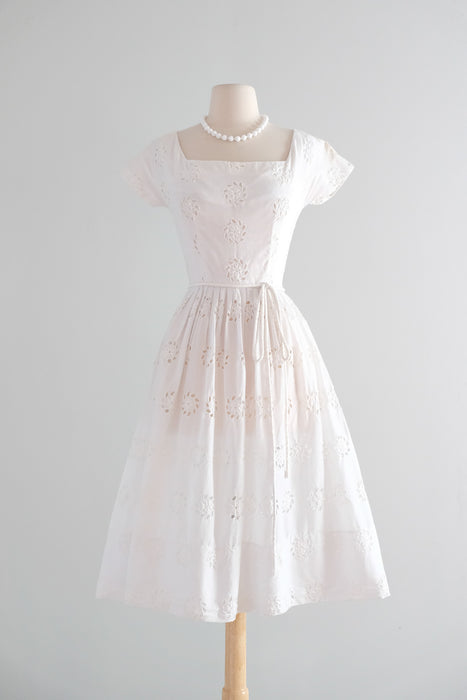 Vintage 1950's Summer White Eyelet Cotton Dress / XS
