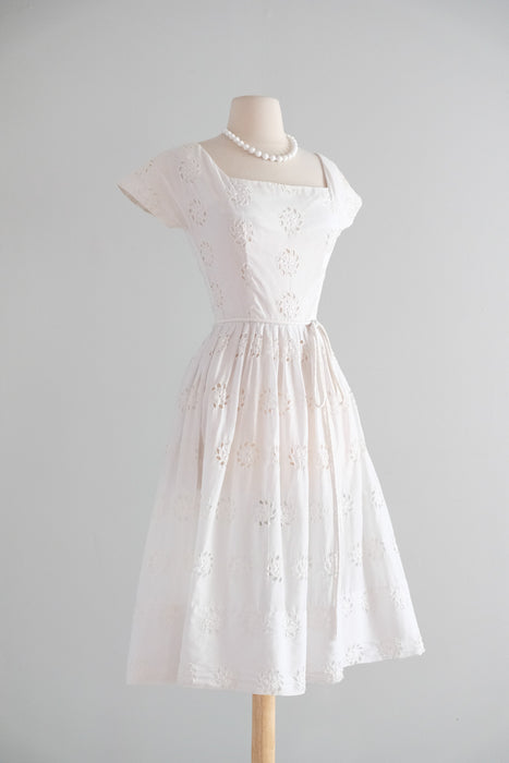 Vintage 1950's Summer White Eyelet Cotton Dress / XS