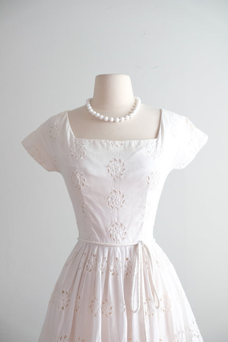 Vintage 1950's Summer White Eyelet Cotton Dress / XS