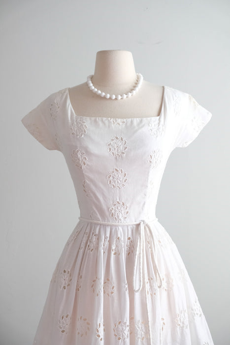 Vintage 1950's Summer White Eyelet Cotton Dress / XS