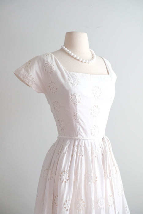 Vintage 1950's Summer White Eyelet Cotton Dress / XS