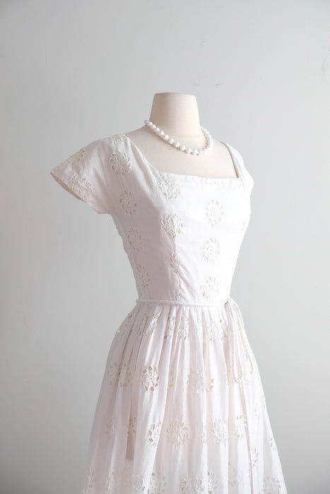 Vintage 1950's Summer White Eyelet Cotton Dress / XS