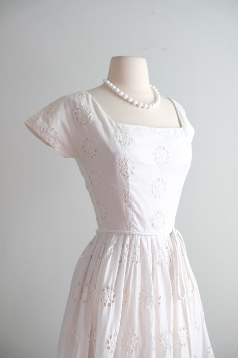 Vintage 1950's Summer White Eyelet Cotton Dress / XS