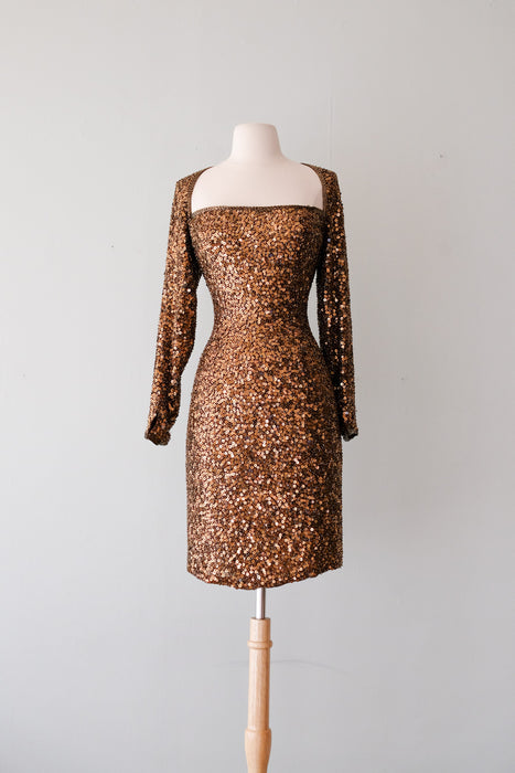 Absolutely Stunning 1980's Bronze Sequin Party Dress By Lillie Rubin / Sz L