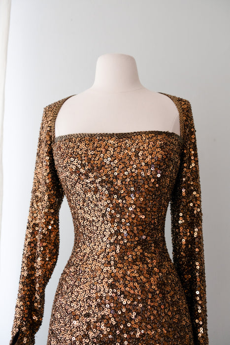 Absolutely Stunning 1980's Bronze Sequin Party Dress By Lillie Rubin / Sz L