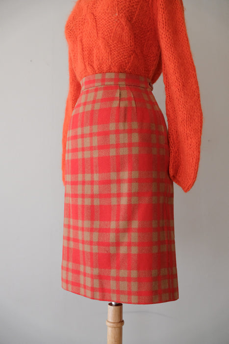 Vivid 1960's Camel & Crimson Wool Skirt by Alex Colman / Sz S
