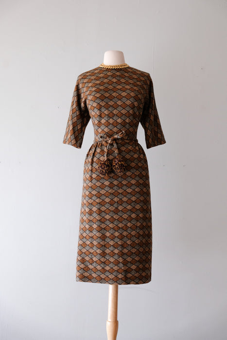 Fabulous 1960's Tri-Tone Diamond Print Wool Knit Wiggle Dress / Sz ML