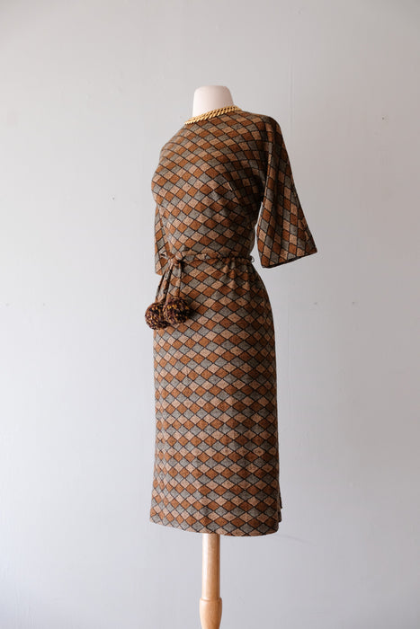 Fabulous 1960's Tri-Tone Diamond Print Wool Knit Wiggle Dress / Sz ML