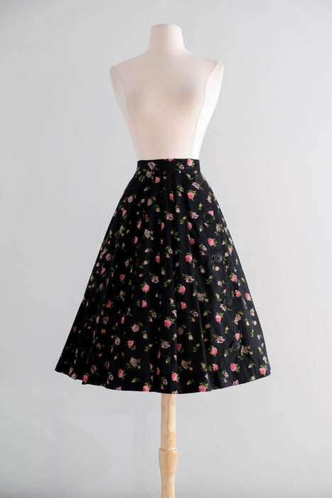 Vintage 1950's Black & Pink Rose Cotton Summer Skirt / XS