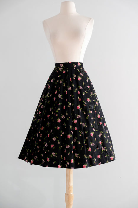 Vintage 1950's Black & Pink Rose Cotton Summer Skirt / XS