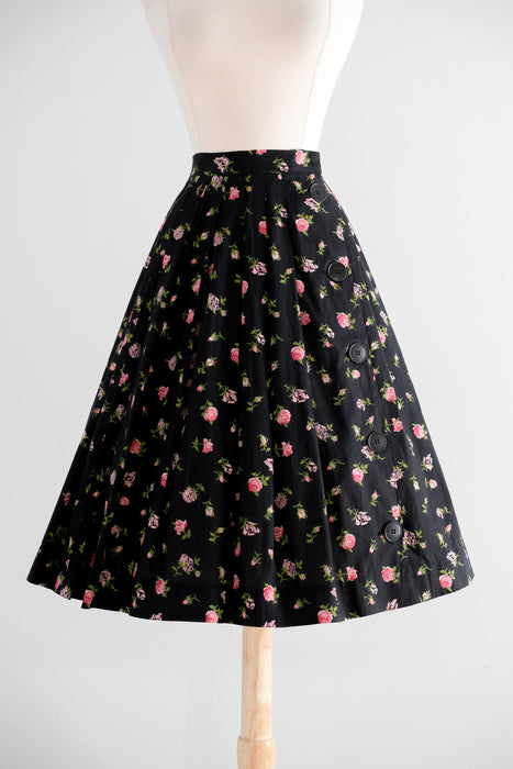 Vintage 1950's Black & Pink Rose Cotton Summer Skirt / XS