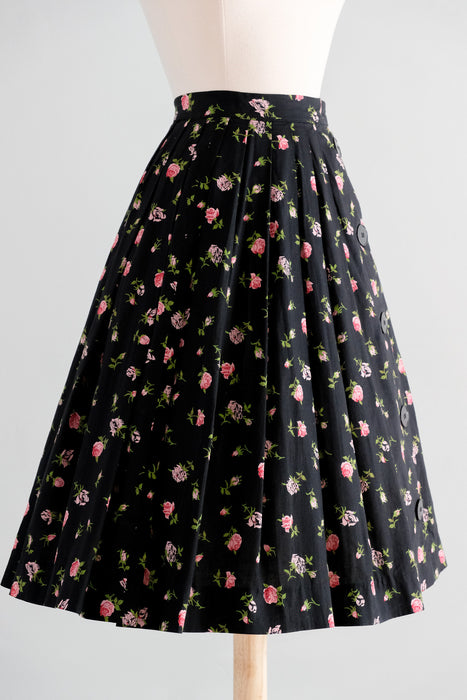 Vintage 1950's Black & Pink Rose Cotton Summer Skirt / XS