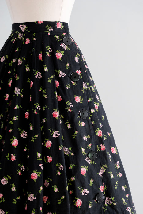 Vintage 1950's Black & Pink Rose Cotton Summer Skirt / XS