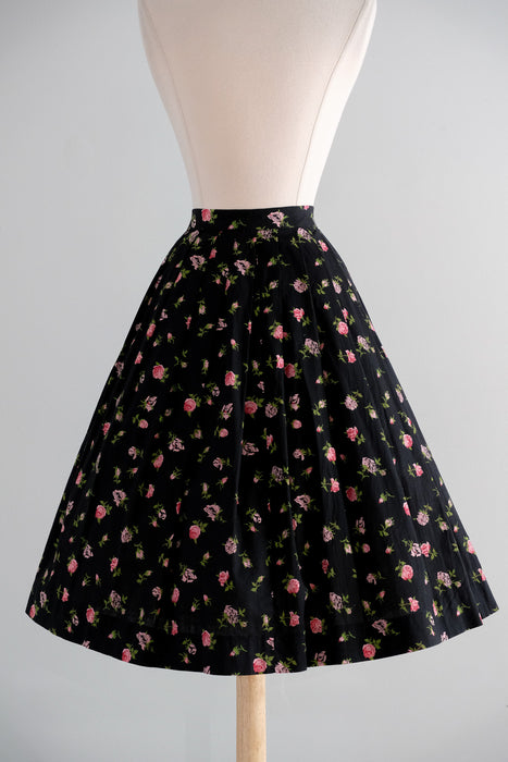 Vintage 1950's Black & Pink Rose Cotton Summer Skirt / XS