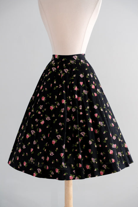 Vintage 1950's Black & Pink Rose Cotton Summer Skirt / XS