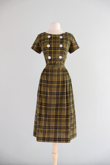 olive green plaid dress Green Vintage Plaid Overall Dress with Black Ribbed Sweater Set, S / Plaid