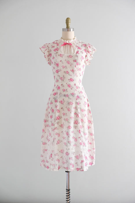 Vintage 1940's Ivory and Rose Cotton Lawn Dress / XS