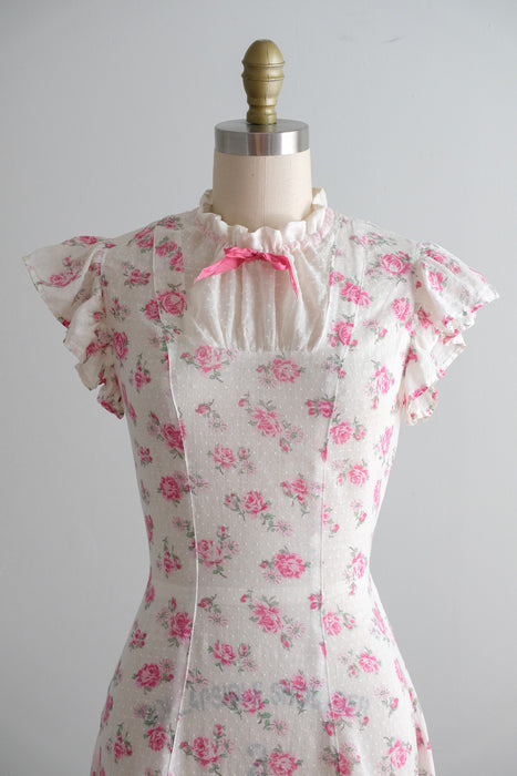 Vintage 1940's Ivory and Rose Cotton Lawn Dress / XS