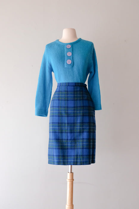 Perfect 1960's Lipman's Blue Plaid Wool Skirt / Sz S