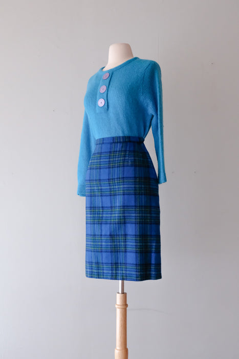 Perfect 1960's Lipman's Blue Plaid Wool Skirt / Sz S