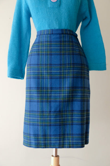 Perfect 1960's Lipman's Blue Plaid Wool Skirt / Sz S